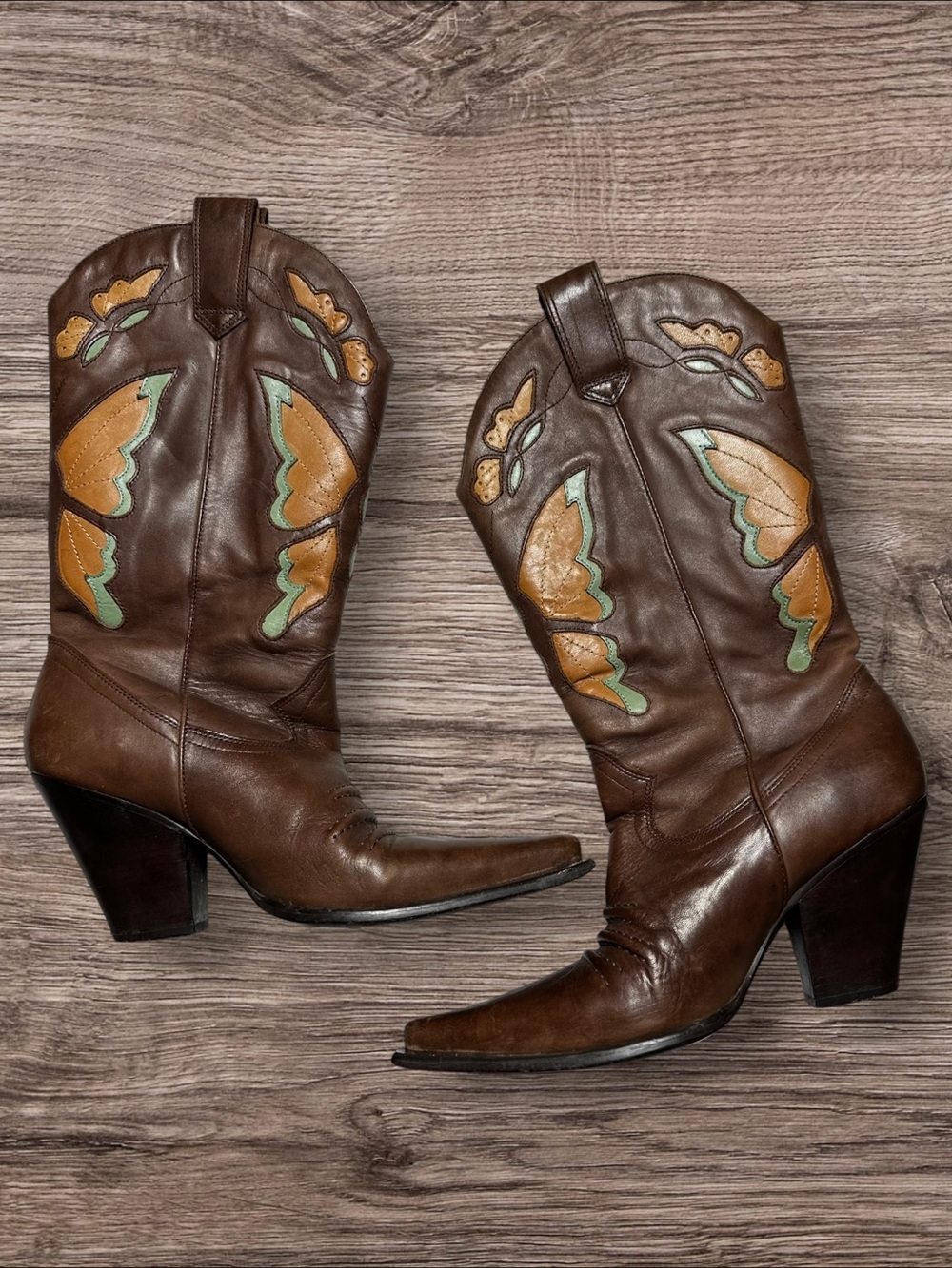 Vintage Cathy Jean Brown Leather Butterfly Inlay Western Cowboy Boots (Size 9 B)